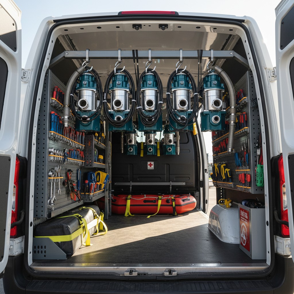 The alt text for the image is: "The back of a white van with the rear doors open, filled with various tools and equipment."